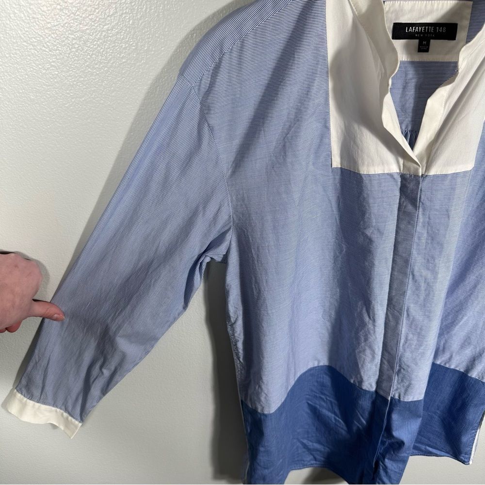 Lafayette 148 Blue White Pinstripe Chambray Colorblock Tunic Blouse Size Medium - Picture 3 of 15